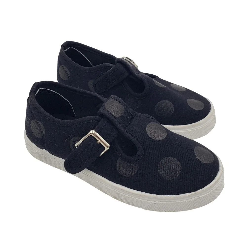 oomphies Mary Jane Shoes Polka Dot Tone on Tone Black Canvas Buckle SZ 12Y EUC